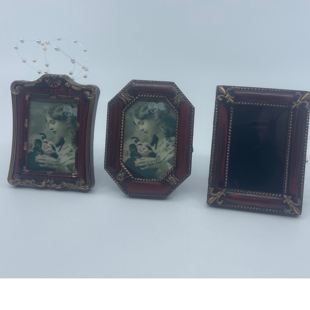 3 Ornate Burgundy plastic 2x3 Mini Photo Frames Faux Pearl Decor
